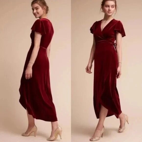 BHLDN Dresses & Skirts - Anthropologie BHLDN Thrive Crushed Velvet Velour True Wrap Midi Dress